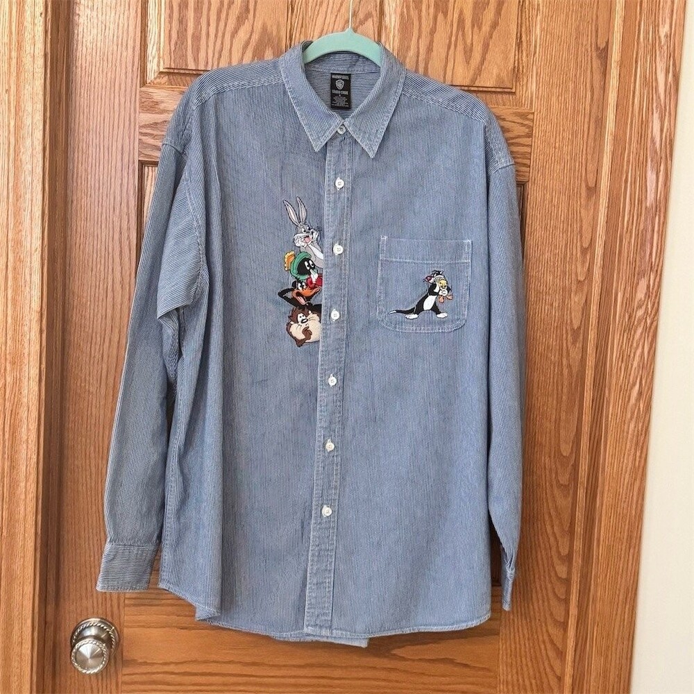 Warner Bros Looney Tunes Shirt Mens XL Blue Striped Embroidered Vintage
